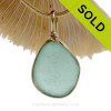 Flat Lovely Aqua Blue Genuine Sea Glass Pendant In Gold Wire Bezel© Pendant