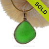 Large and Thick Glowing Green Genuine Beach Found Sea Glass in our Original Gold Wire Bezel ©
