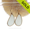 Long Large White Genuine Sea Glass Earrings in Gold Original Wire Bezel©