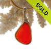 Ultra rare vivid long orange red sea glass from Seaham England in our Original Wire Bezel© setting in 14K Rolled Gold.