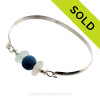 Whitish Seaham Sea Glass Bangle Bracelet In Solid Sterling With Recycled Blue Bead