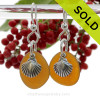 Perfect Natural UNALTERED Amber Sea Glass Earrings W/ Solid Sterling Sea Shell Charms
