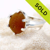 Amber English Sea Glass Ring - Size 8