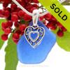Genuine Rare Cobalt Blue Sea Glass Necklace with Sterling Silver Hearts  Charm and 18" STERLING CHAIN INCLUDED