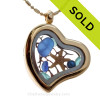 Vivid Electric Aqua and Cobalt Blue Beach Found Sea Glass Heart Goldtone Locket Necklace W/ a real baby Starfish and Seafan