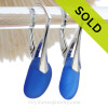 Perfect Longer Petite piece of Cobalt Blue Sea Glass Earrings on Solid Sterling Silver Leverbacks.