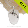 Pure White Sea Glass With Sterling Silver Dolphins - Mother And Child Charm