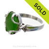 PERFECT Vivid Green Beach Found Sea Glass In Sterling Silver Bezeled Dome Ring - Size 8 (Re-Sizeable)