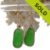 Thick Vivid Green Beach Found Sea Glass Earrings In 14K Goldfilled Original Wire Bezel©
