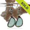 Pale Thick Perfect Aqua Blue Beach Found Sea Glass Earrings In Solid Sterling Silver Original Wire Bezel©