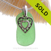 Nice Green Sea Glass Necklace with Sterling Silver Heart Charm - 18" Solid Sterling Chain INCLUDED