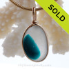 VERY LARGE P-E-R-F-E-C-T Mixed Vivid Turquoise Sea Glass In Original Gold Wire Bezel© Pendant