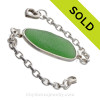 P-E-R-F-E-C-T Genuine Green Sea Glass ID Style Bracelet set in Sterling Silver in our Deluxe Wire Bezel© setting.