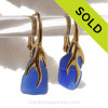 Cobalt Blue Sea Glass Earrings on 24K Gold Vermeil Coral Branch Earrings