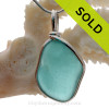 VERY LARGE Flat Vivid Aqua Blue Genuine Sea Glass Pendant In Sterling Original Wire Bezel Setting© 