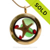  Golden Christmas 2 - Genuine Sea Glass Locket Necklace W/ Real Starfish & Holiday Crystals