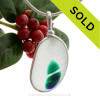 HUGE RARE 3 color Multi Sea Glass Necklace Pendant In S/S Original Wire Bezel©
