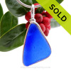 Triangle of Deep Subtle Embossed Blue Sea Glass Necklace Pendant In Sterling Original Wire Bezel©