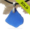 Blue Natural Beach Found Sea Glass Necklace Set On Silver Bail With Black Neoprene Cord