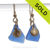 Genuine Cobalt Blue Sea Glass Earrings On Gold With G/F Shell Charms