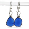 Round Cobalt Blue Genuine Natural Sea Glass Earrings Solid Sterling Silver Original Wire Bezel©