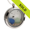 Flashed Blue & Seafoam Green Sea Glass Locket With Beach Sand & Sandollar 
