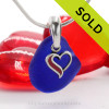 Classic Cobalt Blue Sea Glass Necklace with beach found glass and Solid Sterling Red Enameled Heart Charm and INCLUDING Solid Sterling Silver Snake chain.