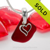 Royal Ruby Red Sea Glass Necklace with beach found glass and Solid Sterling Red Enameled Heart Charm and INCLUDING Solid Sterling Silver Snake chain.