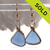 Gorgeous Periwinkle or Cornflower Blue Blue Genuine Lightweight Sea Glass Earrings In Gold Original Wire Bezel©