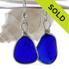 LARGE  Thick Cobalt  Blue Sterling English Sea Glass Earrings In Sterling Original Wire Bezel©