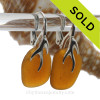 Bright Amber Brown Beach Found Sea Glass Earrings on Solid Sterling Silver Coral Branch Leverbacks