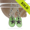 Green Sea Glass Earrings On Sterling W/ Solid Sterling Starfish Charms