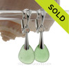 Green Genuine Sea Glass Solid Sterling Silver Dangly Deluxe Leverback Earrings
