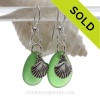 Perfect Bright Green Sea Glass Earrings W/ Solid Sterling Shell Charms 