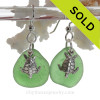 Large Vivid Green Sea Glass Earrings On Sterling W/ Sea Turtle Charms