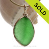 Bright Green Bottle Bottom Genuine Sea Glass Pendant In Gold Original Wire Bezel©