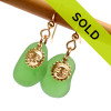 Green Genuine Sea Glass Earrings W/ Goldfilled Sun Charms