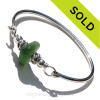 Vivid Bright Sea Green Sea Glass Sterling Bangle Bracelet W/ Swimming Dolphin Beads 