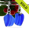 Xtra Large Ridged Cobalt Blue Sea Glass on Solid Sterling Silver Leverbacks Earrings