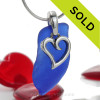 Cobalt Blue Sea Glass With Sterling Silver Heart Charm