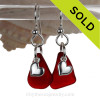 Perfect Ruby Red Sea Glass Earrings With Solid Sterling Heart Charms 
