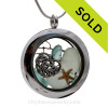 Genuine Electric Aqua and Pale Green Sea Glass with a Starfish and Sterling Mom Charm Locket Necklace