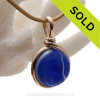 RARE - Blue & White Genuine Sea Glass Marble In 14K G/F Original Wire Bezel© Pendant 