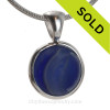 Vivid Blue Beach Found Seaglass Marble In Deluxe Wire Bezel© Necklace Pendant