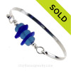 Beach Found Sea Glass with Bright Blue Beads on a Solid Sterling Bangle Bracelet