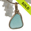 Large Aqua Blue Sea Glass Pendant in Gold Pattern Bezel Wire