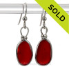 Bright Cherry Red Real Sea Glass Earrings In Sterling Silver Wire Bezel©