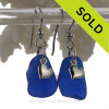 Genuine Beach Found Blue Sea Glass Earrings With Sterling Silver Heart Charms.