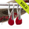 Thick Red Natural Sea Glass sterling silver leverback earrings.