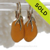 Vivid Amber Beach Found Genuine Sea Glass Earrings on Gold Vermeil Coral Branch Leverbacks